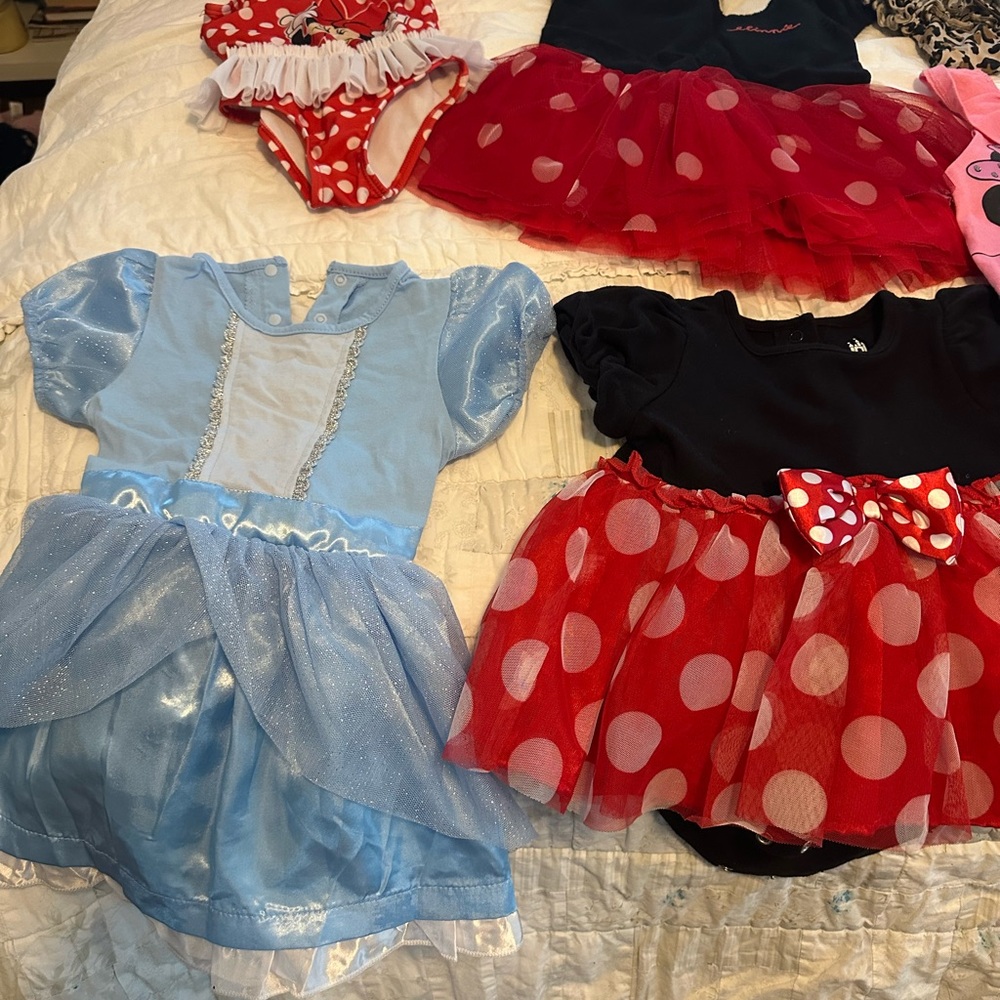 Girls Disney lot 12-18 months,  3 dresses, 1 bathing suit, short set & onesie